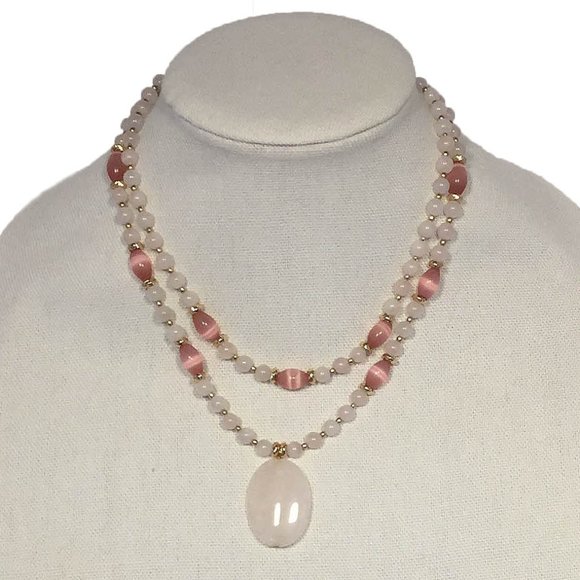 Two Strands Rose Quartz And Pink Tiger Eye Necklace With Rose Quartz Drop - Picture 1 of 3